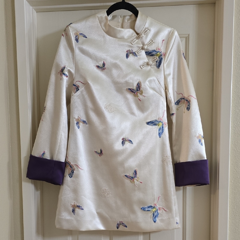 Elegant Cream Dress with Butterfly Print